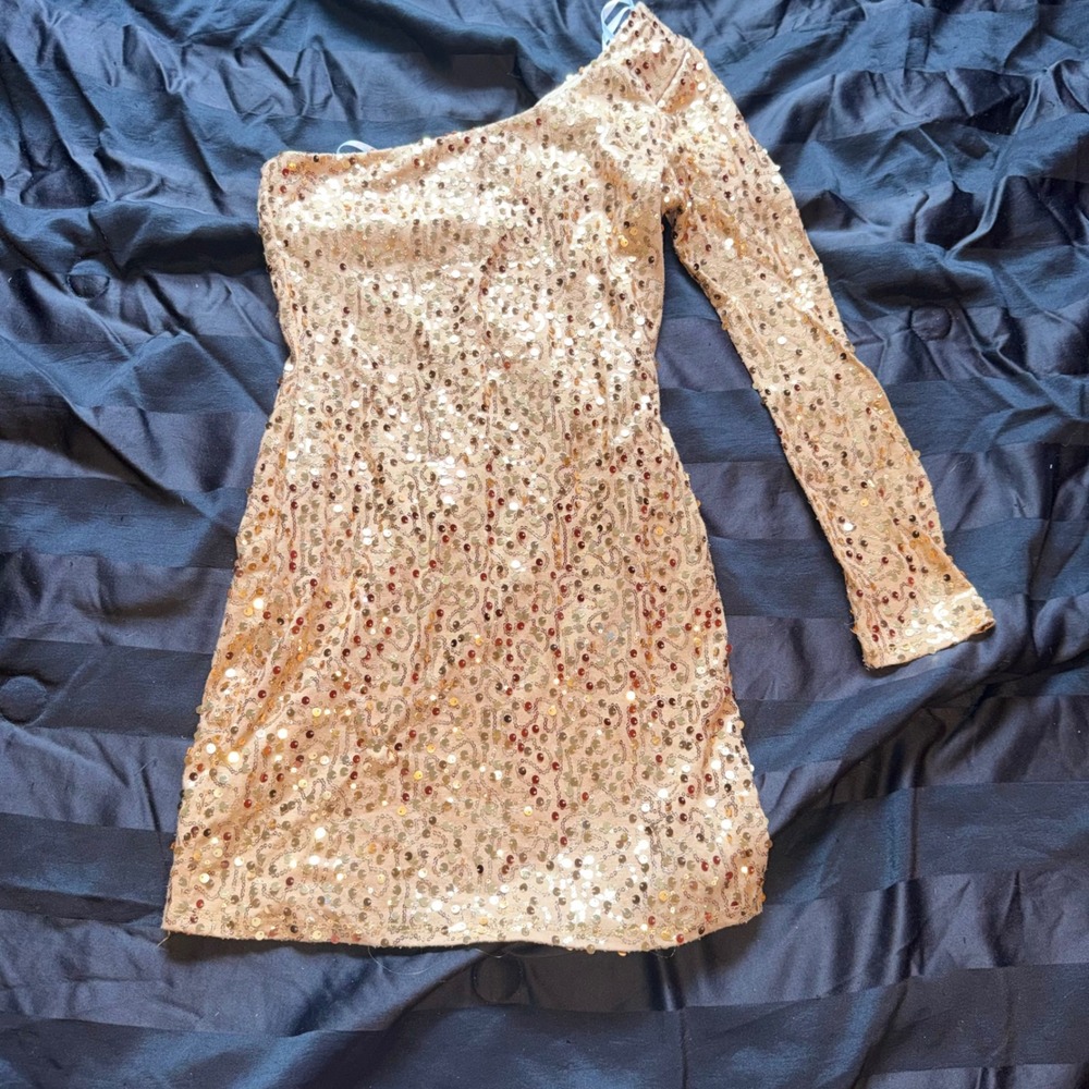 DEB Y2K Gold Sequin One Shoulder Mini Dress S Bodycon Party Club 2000s